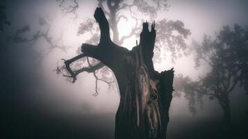 A dead tree in the fog with a dark sky photo