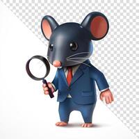 Rat in suit looking through magnifying glass, 3d. Suitable for design elements, crime and business vector