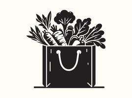 Grocery Bag Filled with Vegetables, Solid Black Silhouette vector