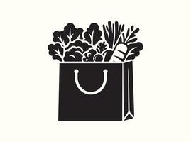 Grocery Shopping Bag with Healthy Food, Solid Black Icon vector