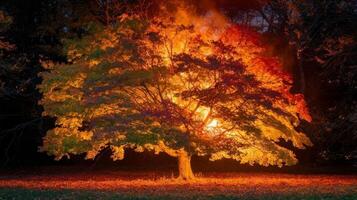 A burning tree in the middle of the night photo