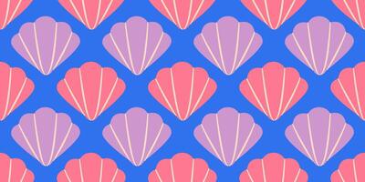 Seamless pattern with pink and lilac sea shells. Hand drawn trendy flat style seashell. Tropical beach shells. Summer seamless pattern vector