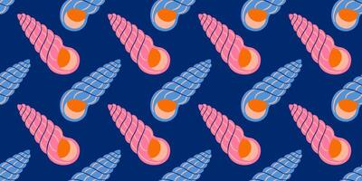 Seamless pattern with pink and blue sea shells. Hand drawn trendy flat style seashell. Tropical shells. Summer seamless pattern vector