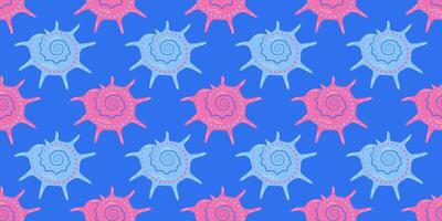 Seamless pattern with pink and blue sea shells. Hand drawn trendy flat style exotic seashell. Tropical beach shells. Summer seamless pattern illustration vector
