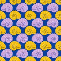 Seamless pattern with yellow and iliac sea shells Hand drawn trendy flat style seashell. Tropical beach shells. Summer seamless pattern vector