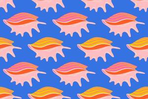 Seamless pattern with pink and yellow sea shells. Hand drawn trendy flat style seashell. Tropical beach shells. Summer seamless pattern vector