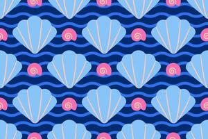 Seamless pattern with pink and blue sea shells. Hand drawn trendy flat style seashell. Tropical beach shells. Summer seamless pattern illustration vector