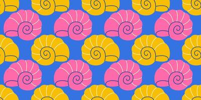 Seamless pattern with pink and yellow sea shells Hand drawn trendy flat style seashell. Tropical beach shells. Summer seamless pattern vector