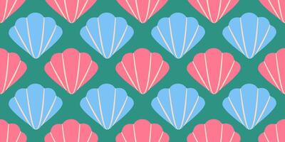 Seamless pattern with pink and blue sea shells. Hand drawn trendy flat style seashell. Tropical beach shells. Summer seamless pattern vector