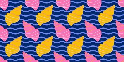 Seamless pattern with blue waves, pink and yellow sea shells Hand drawn trendy flat style seashell. Tropical beach shells. Summer seamless pattern. illustration vector