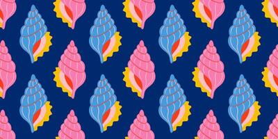 Seamless pattern with pink, blue and yellow sea shells. Hand drawn trendy flat style seashell. Tropical beach shells. Summer seamless pattern vector