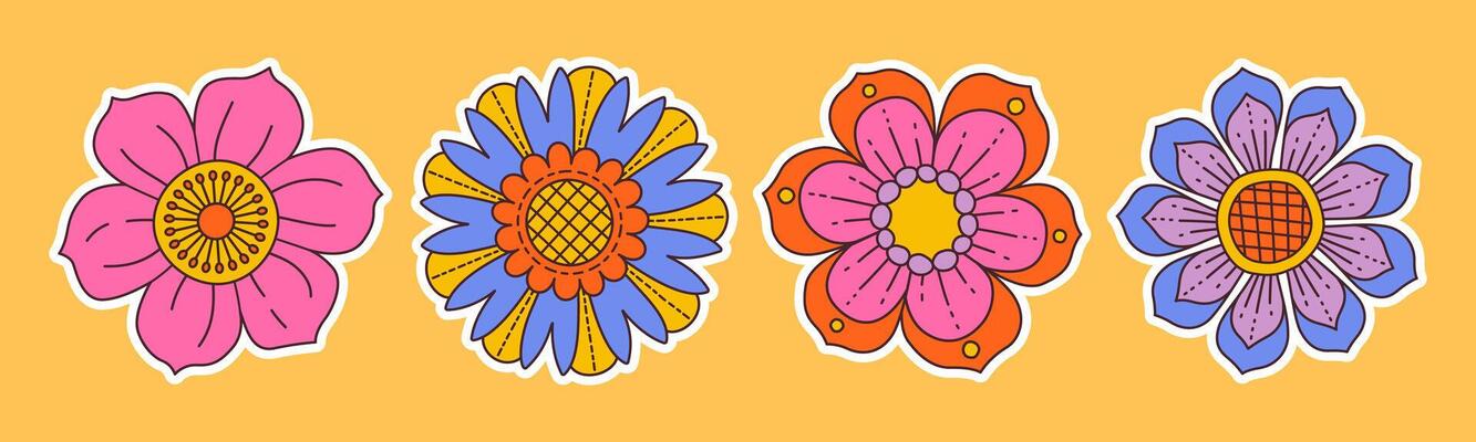 Fun groovy floral sticker set. Hand drawn trendy flat style isolated simple naive flowers. Groovy flower Sticker pack in retro trippy style. Hippie 70s doodle style set