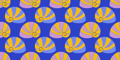 Seamless pattern with blue and lilac sea shells. Hand drawn trendy flat style seashell. Tropical beach shells. Summer seamless pattern vector