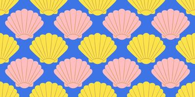 Seamless pattern with pink and yellow sea shells Hand drawn trendy flat style seashell. Tropical beach shells. Summer seamless pattern. illustration vector