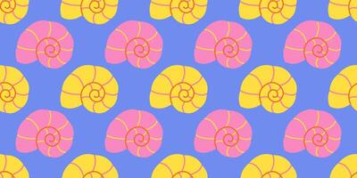 Seamless pattern with pink and yellow seashells Hand drawn trendy flat style seashell. Tropical beach shells summer seamless pattern vector