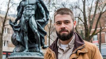 A man with a beard standing in front of a statue photo