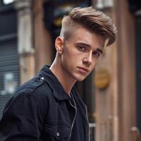 A young man with a mohawk and ear piercings photo