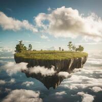 An island floating in the sky with clouds photo