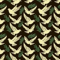Seamless pattern with white pigeons carryng an olive branch, symbol of peace. on black background vector