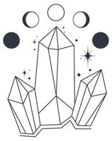 Bohemian linear logo icon and symbol. Line art healing crystal and moon concept of esoteric elements vector