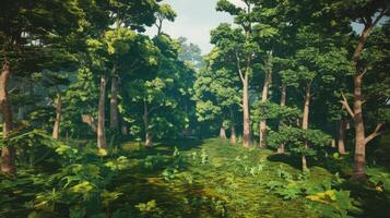 A forest scene with trees and grass photo