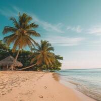 Tropical beach with palm trees and thatched hut on the shore of the ocean photo