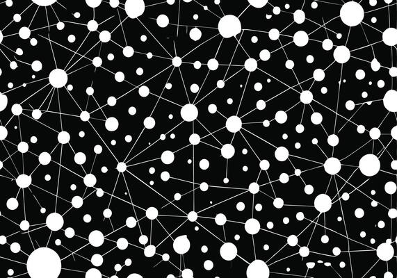 Abstract Network Graphic Design White Circles, Black Background, Connected Nodes, Interlinked Dots.