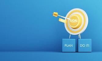 A dart labeled 2025 hits the golden bullseye marked GOAL, supported by blocks reading PLAN and DO IT The blue background highlights focus and determination. 3d rendering. photo