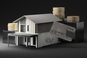 A house with coins, a credit card, and percentage symbols, depicting mortgage loans, home financing, and interest rates in the financial sector. 3d rendering. photo