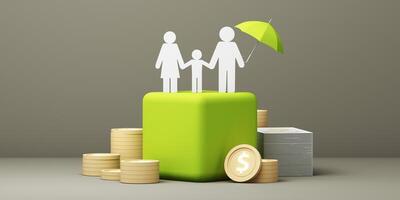 A white family icon stands on a green cube with an umbrella, surrounded by stacks of coins and banknotes, symbolizing secure financial planning. 3d rendering. photo