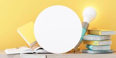 A bright light bulb rests among stacked books with yellow and blue tones, symbolizing knowledge, studying, and inspiration in a creative workspace. 3d rendering. photo