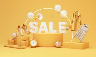 Minimalist sale concept with bright yellow tones, featuring elegant fashion items and floating elements. Perfect for showcasing seasonal promotions and stylish shopping deals. 3d rendering photo