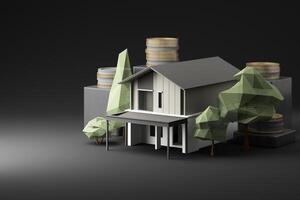 A modern house surrounded by stacked coins and geometric trees, symbolizing real estate investment and financial stability in a futuristic setting. 3d rendering. photo