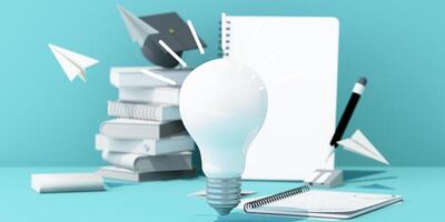 A glowing light bulb floats above stacked books, a notepad, and a graduation cap, symbolizing education, innovation, and academic success. 3d rendering. photo