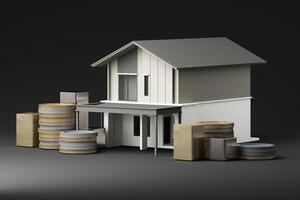 A modern home with stacks of coins and financial symbols, illustrating real estate investment, home loans, and financial security concepts. 3d rendering. photo