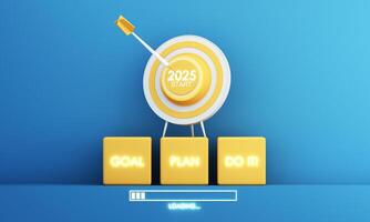 A dart hits the center of a target labeled 2025 START, symbolizing goal achievement. Below, glowing blocks read GOAL, PLAN, and DO IT with a loading bar, representing progress. 3d rendering. photo