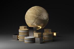 A golden globe resting on stacks of coins and metallic blocks, symbolizing economic stability, wealth, and financial globalization. Dark background enhances the luxury feel. 3d rendering. photo