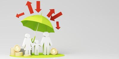 A white family figure under a green umbrella with red arrows pointing downward, representing financial risks and the need for protection. 3d rendering. photo