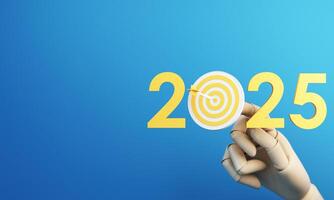 A wooden robotic hand holds the number 2025 with a bullseye target replacing zero. The dart in the center symbolizes goal setting, precision, and future achievements. 3d rendering. photo