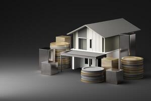 A contemporary house encircled by golden coins and metallic blocks, representing home financing, mortgage, and real estate wealth accumulation. 3d rendering. photo
