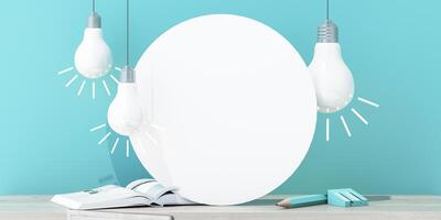 Three glowing light bulbs hanging above an open book, set on a wooden desk against a blue background, representing learning, innovation, and bright ideas. 3d rendering. photo