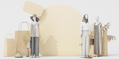 Minimalist fashion display with mannequins dressed in neutral tones, surrounded by eco-friendly shopping bags and dried plants, creating a serene and sustainable shopping concept. 3d rendering. photo