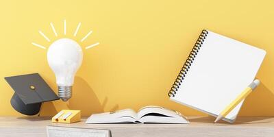 A glowing light bulb hovers above a study desk with an open book, graduation cap, and academic tools, symbolizing success and knowledge. 3d rendering. photo