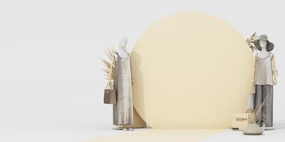 Minimalist fashion display with two mannequins in soft, neutral tones, accompanied by natural elements and eco-friendly packaging, emphasizing sustainable design. 3d rendering. photo