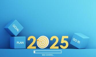 2025 with a target in the zero symbolizes future goals. Blue cubes labeled GOAL PLAN, and DO IT represent strategy and action, while a loading bar indicates transition from 2024. 3d rendering. photo