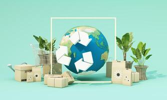 Sustainable shopping concept with a recycling globe, eco-friendly packaging, and plants in a minimal green setting, promoting responsible consumption and waste reduction. 3d rendering photo