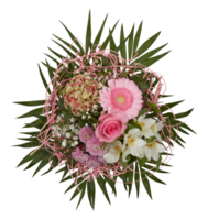Top view of a bouquet of pink flowers with green leaves and spikes cut out isolated transparent background png