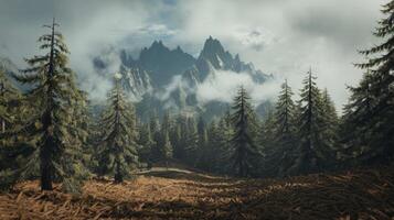 A forest scene with trees and mountains photo