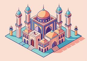 Isometric Illustration of a Grand Mosque Islamic Architecture, Domes, Minarets, and Towers vector