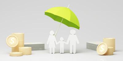 A white family silhouette under a floating green umbrella, surrounded by piles of money and coins, symbolizing wealth security and financial stability. 3d rendering photo